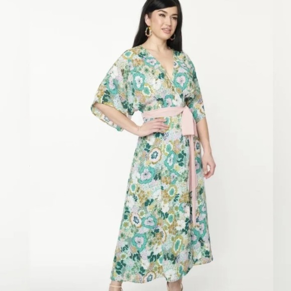 NWT unique vintage kimono sleeve wrap dress mint pink floral - Picture 1 of 4